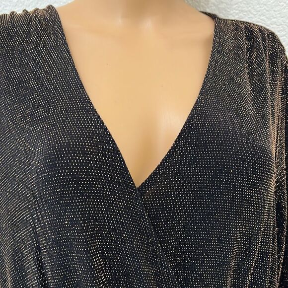 Michael Kors Womans Dress Sz 0X Bwown Gold VNeck Long Sleeve Ruffle Midi Stretch - Picture 5 of 11